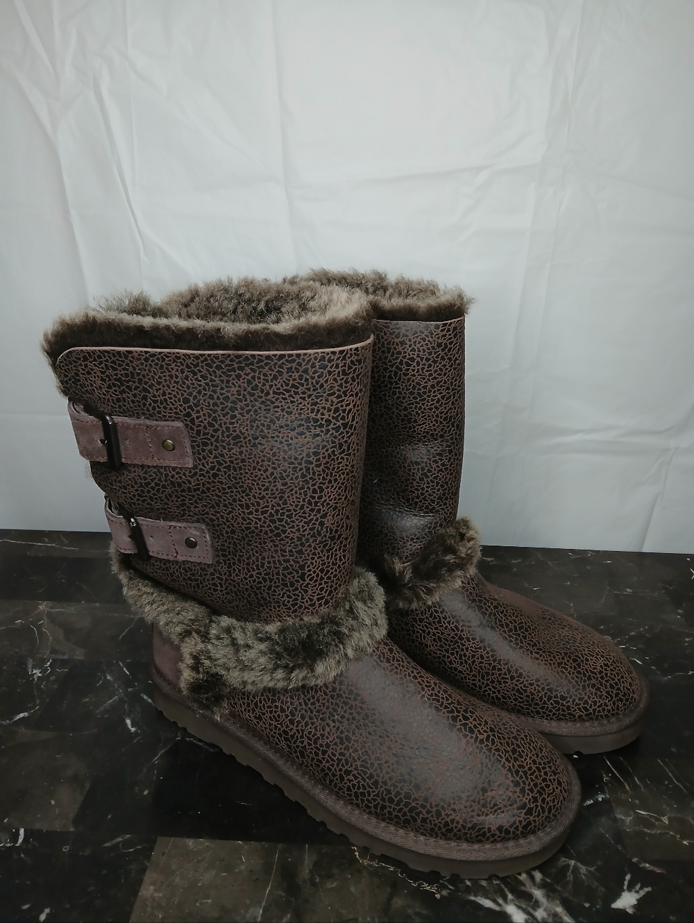 UGG Brown Faux-Fur Textured Mid-Calf Winter Boots with Buckle Accents